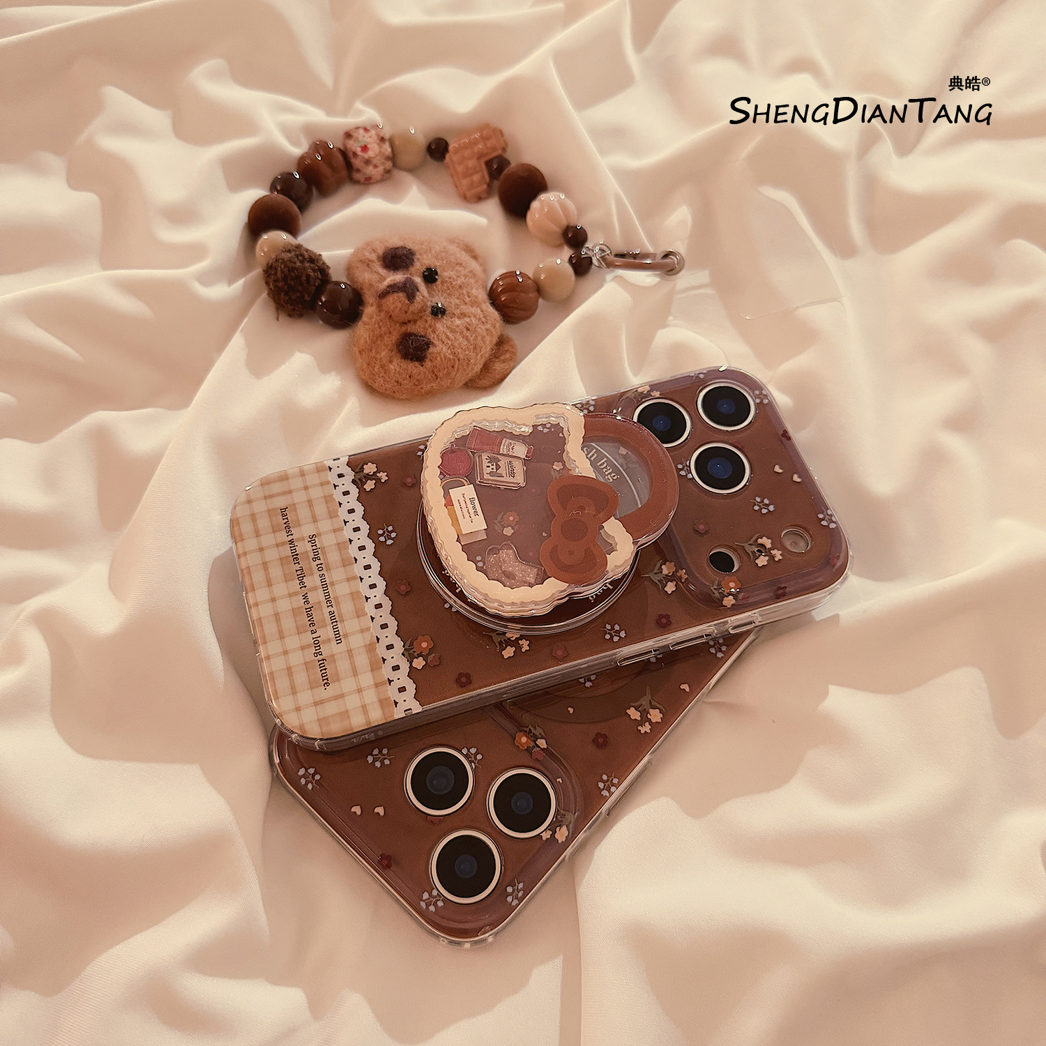 复古棕色碎花猫咪支架适用苹果17ProMax手机壳iphone17新款16pro磁吸15创意14女款16promax软硅胶保护套链条,3C数码配件,手机保护套/壳,淘宝优惠券,粉丝福利购,淘宝优惠卷