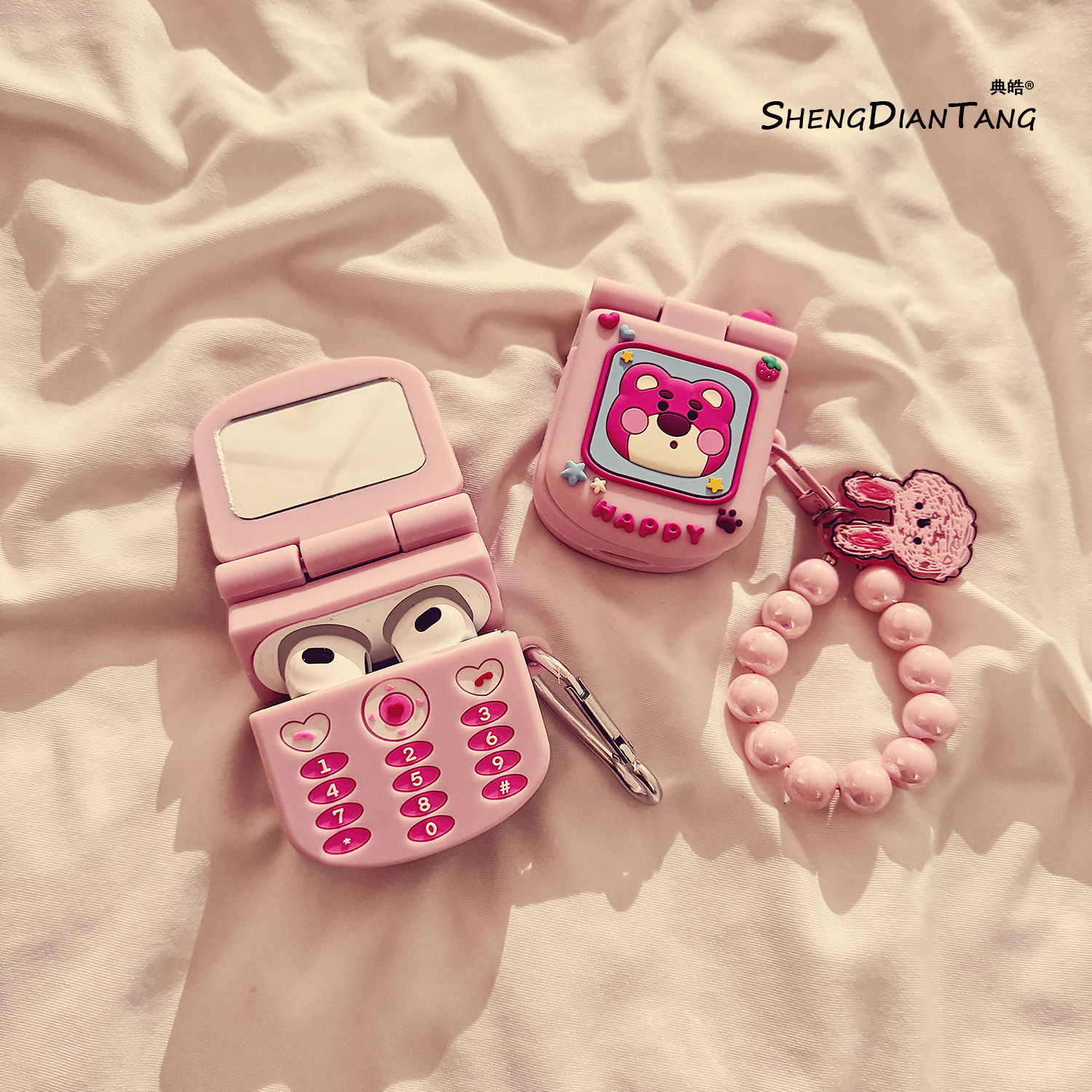 卡通粉色大哥大草莓熊适用于苹果Airpods4保护套新款2/3代无线蓝牙耳机软壳Airpods pro创意可爱硅胶女款防摔