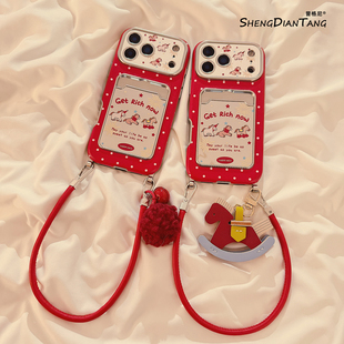 新年红烟花小马卡包适用苹果17ProMax手机壳iphone17新款16pro可爱15创意14女款16promax软硅胶保护套链条