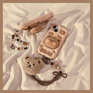 可爱棕色小熊支架适用iphone15ProMax手机壳苹果15新款 14promax软硅胶保护套 14立体卡通13创意12链条11女款