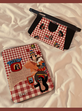 卡通红格鼹鼠报纸360度旋转iPad11保护套2022新款适用苹果iPad10.2寸mini6平板Air4/5保护壳pro女软9.7带笔槽