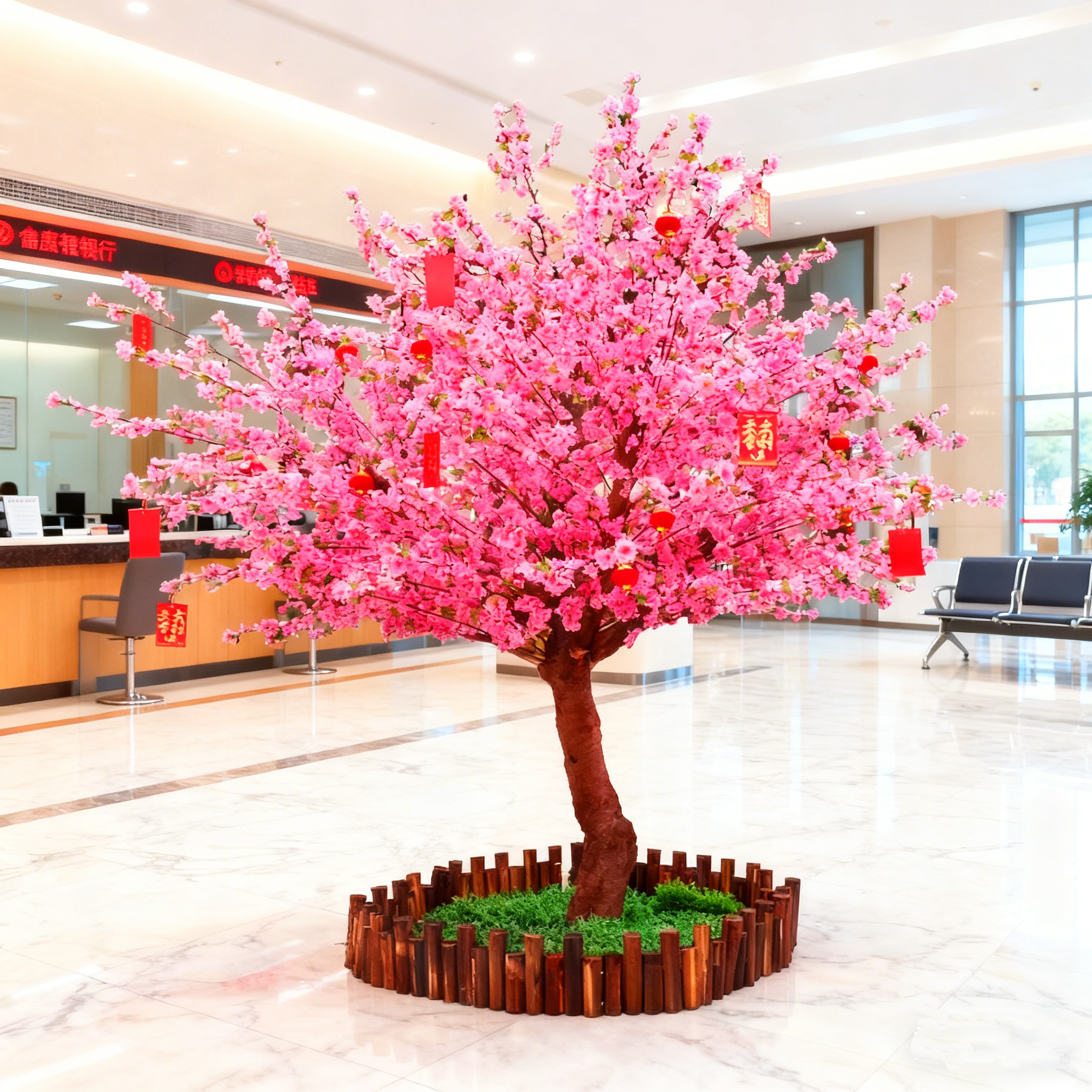 仿真桃花树中式国风许愿树红色发财红包树假树布置新年落地装饰