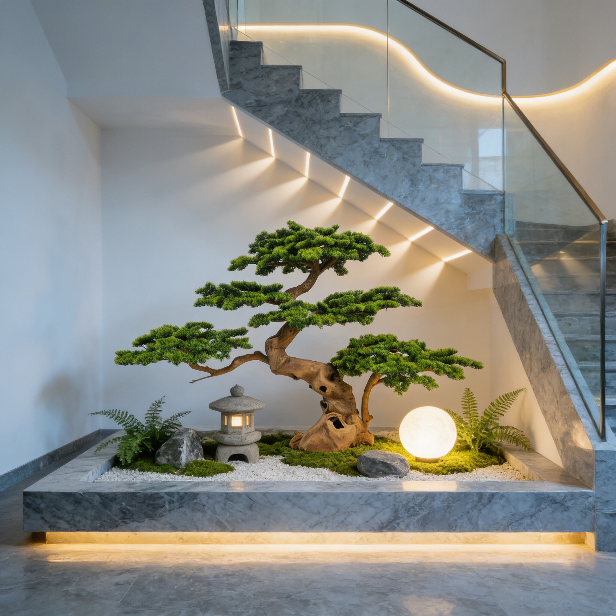 仿真迎客松树楼梯下造景室内植物景观新中式玄关橱窗装饰绿植假树