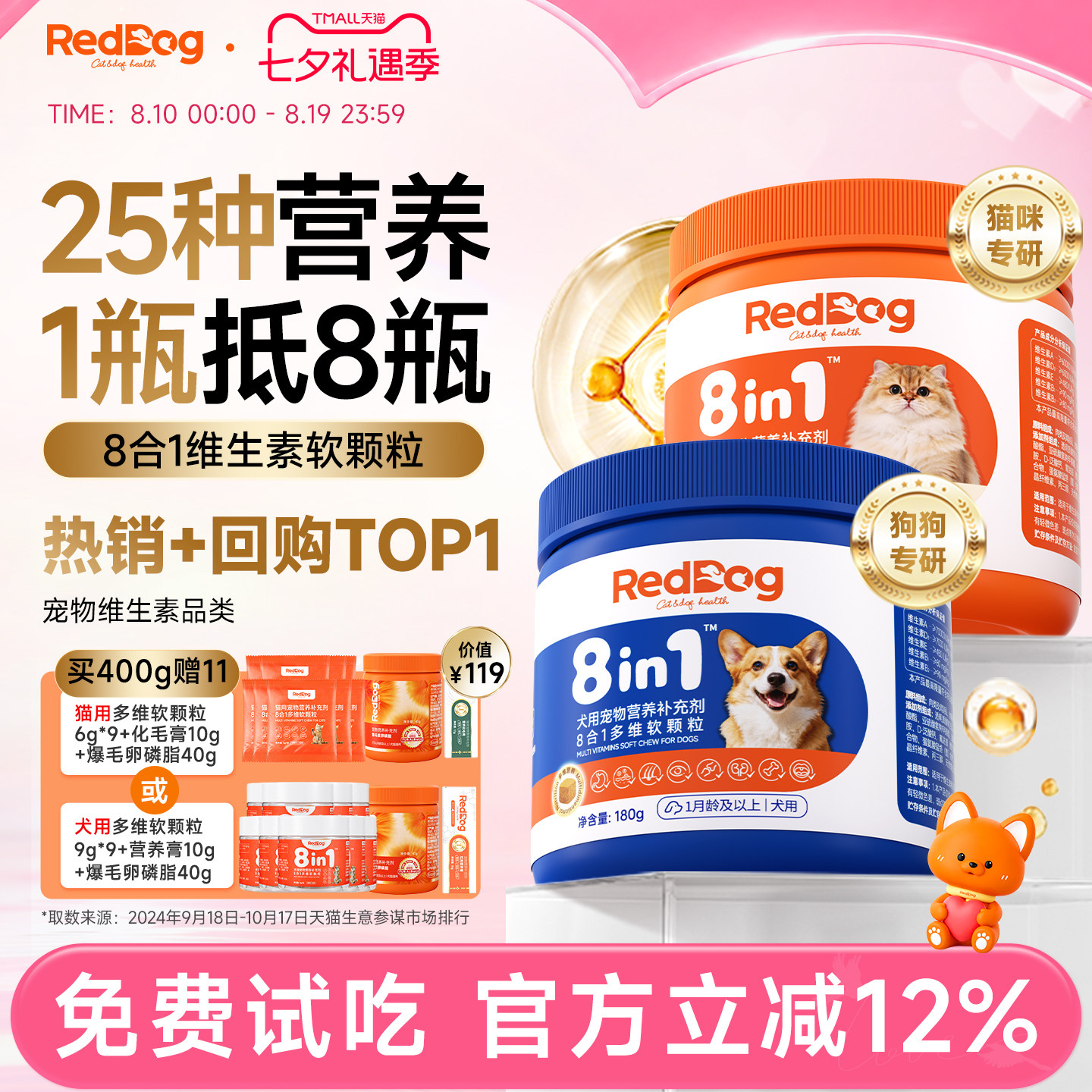 红狗八合一猫咪维生素狗狗复合维生素牛磺酸卵磷脂宠物营养补充剂