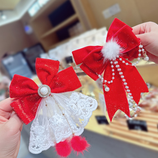 儿童红色蝴蝶结发夹女童新年发饰飘带超仙发卡小女孩不伤发后脑勺
