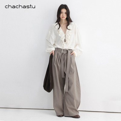 【林小雅专享】CHACHASTU 法式简约立体打褶阔腿裤高腰拖地休闲裤