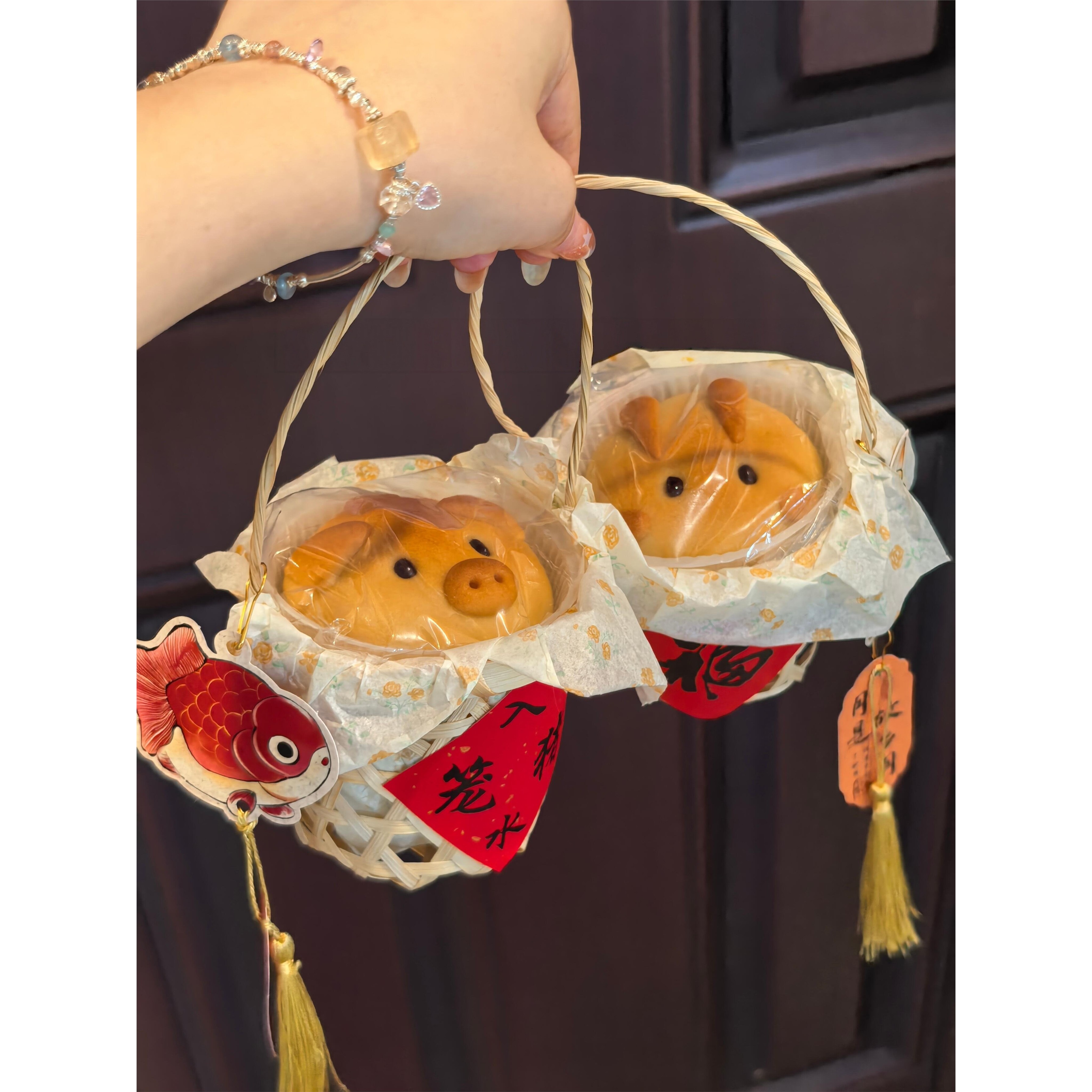 中秋节猪猪月饼包装盒编织手提篮甜品店蛋糕伴手礼食品包装材料包