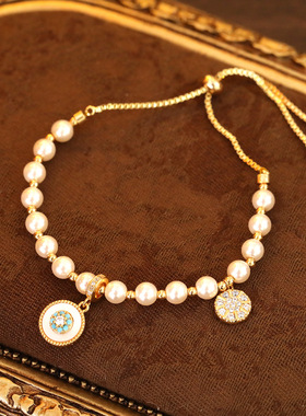 直播爆款贝壳珍珠手链2025超仙少女复古高级感手饰可调节抽拉式