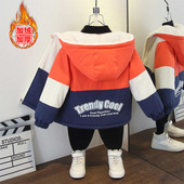 女童秋冬装 字母印花宽松撞色夹 加绒加厚保暖连帽外套男童时尚