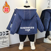 2024秋冬新款 帅气加绒加厚连帽外套男孩字母印花宽松 男童韩版