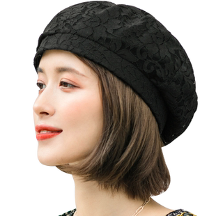 贝雷帽女夏季薄款透气复古八角帽日系百搭休闲褶皱蕾丝画家帽子潮