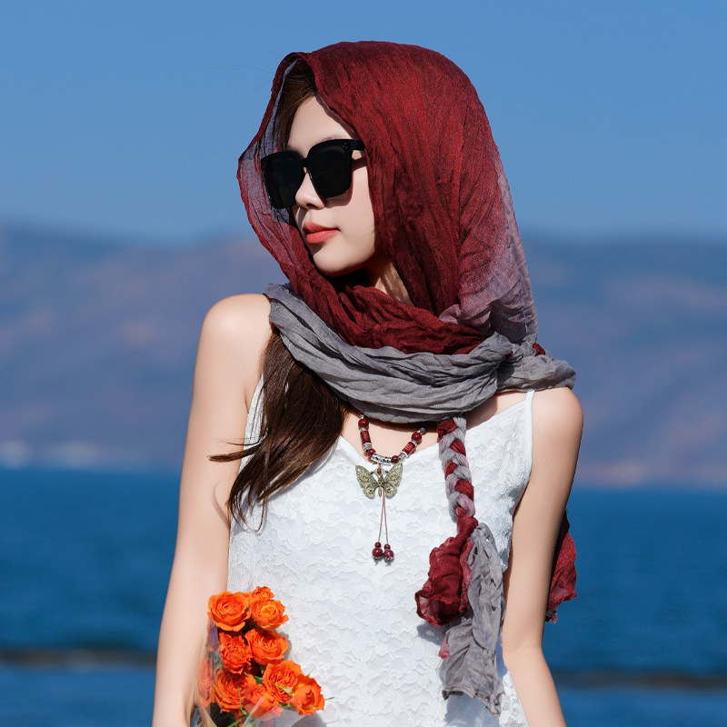 2026新款遮阳麻花辫围巾女时尚渐变洋气护颈围脖旅游拍照防晒头巾