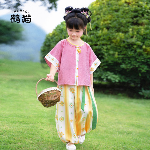 鹤猫唐制儿童汉服日常灯笼裤套装