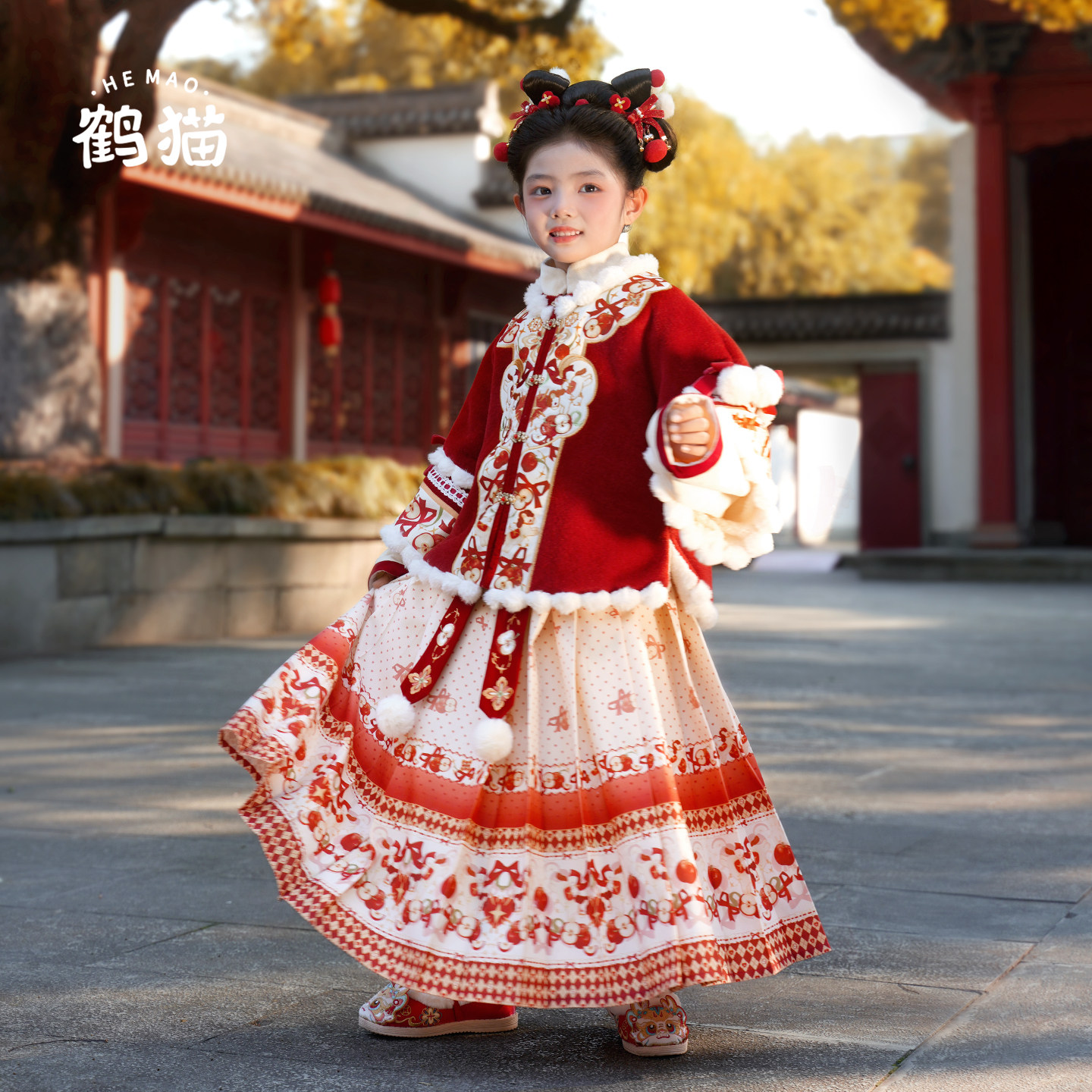 鹤猫[平安喜乐]新款冬季加绒新年拜年服红色女童汉服马面裙套装,童装/婴儿装/亲子装,汉服,淘宝优惠券,粉丝福利购,淘宝优惠卷
