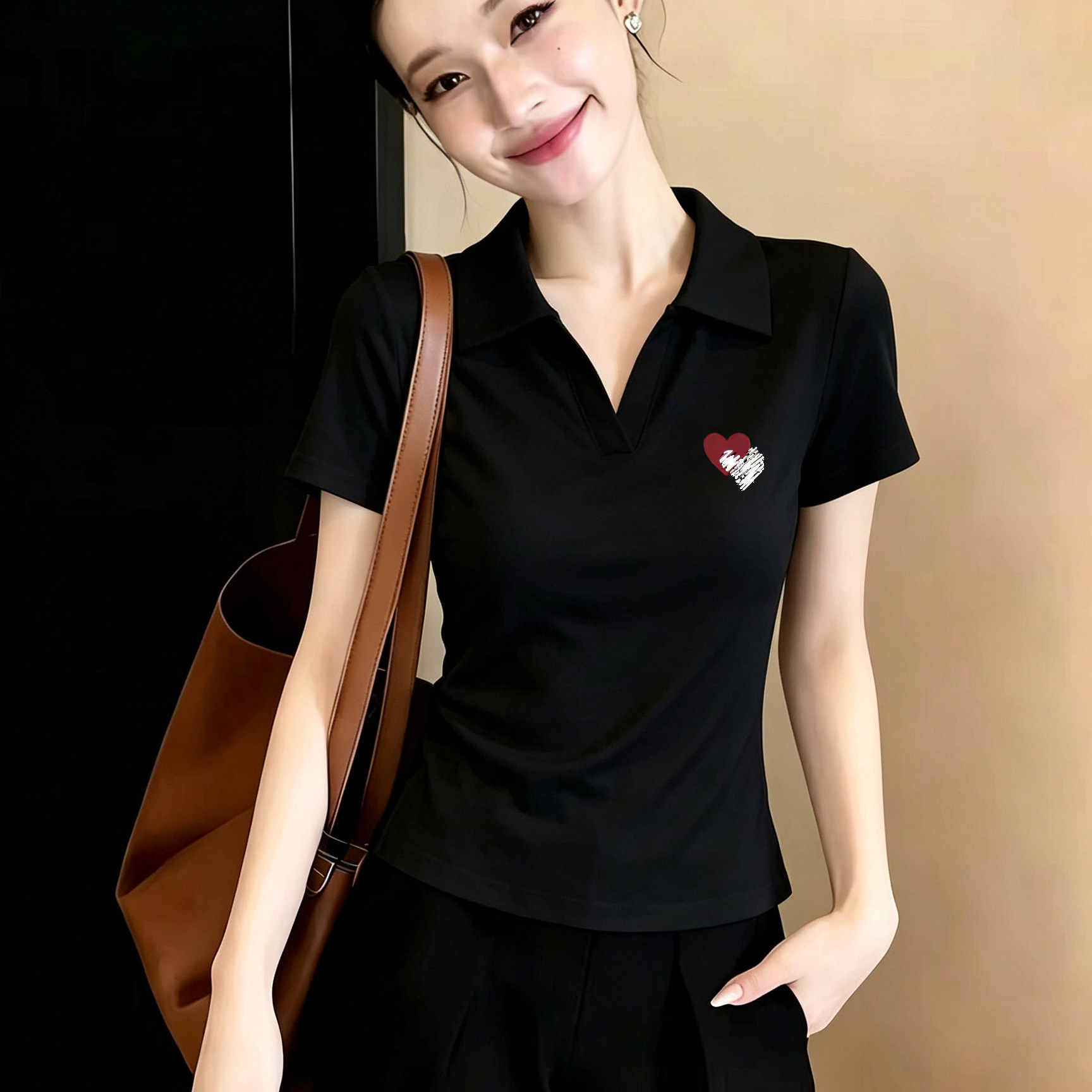 黑色polo领纯棉正肩短袖t恤女修身显瘦翻领上衣夏季小个子高级感