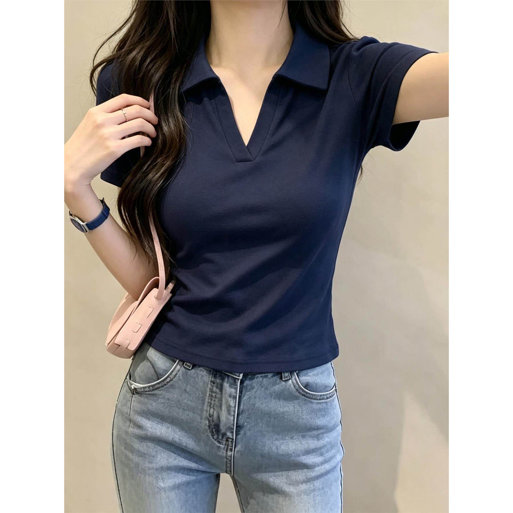 简约翻领POLO领短袖T恤女夏修身百搭小个子显瘦气设计感小众上衣