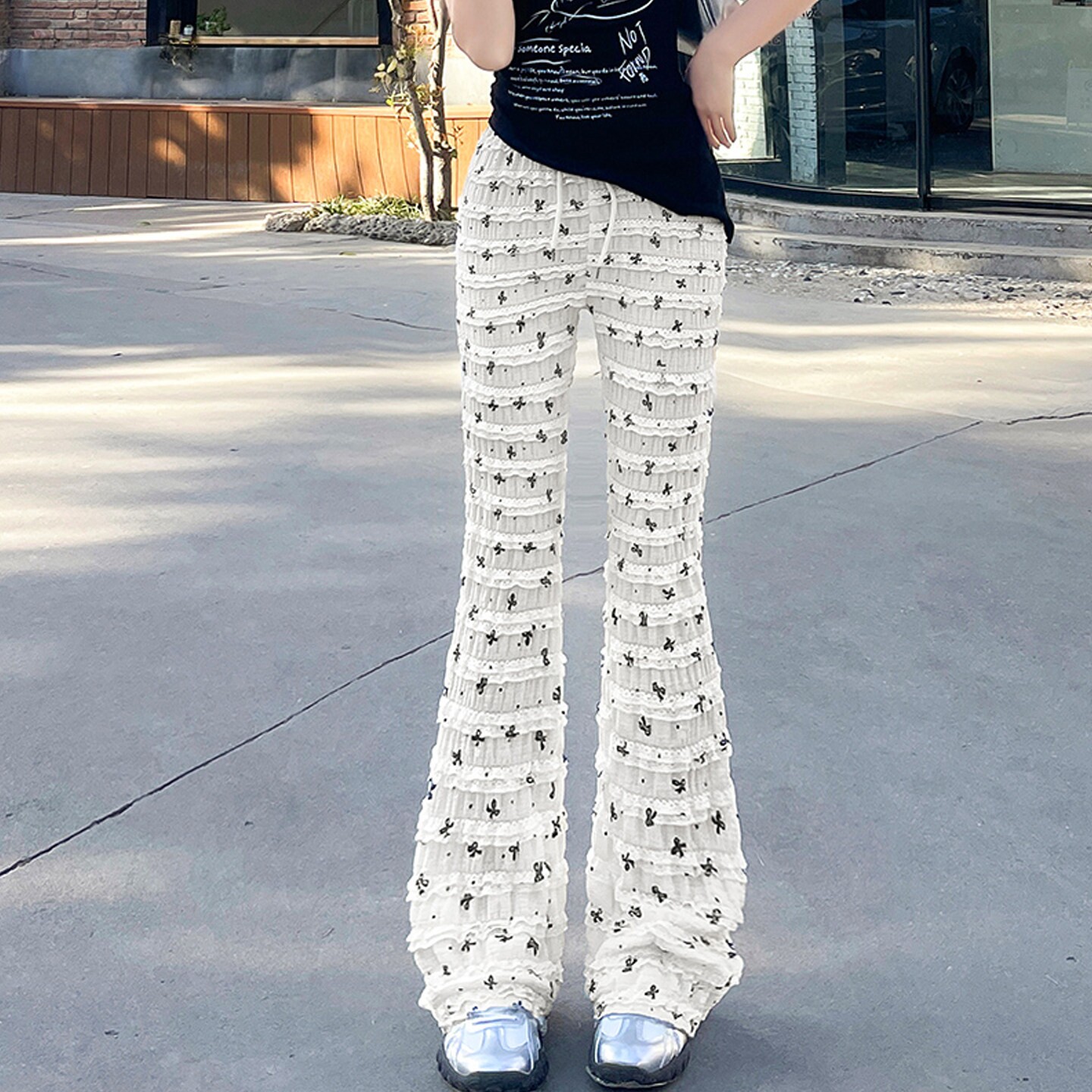 设计感木耳花边蝴蝶结印花微喇叭裤女2026夏季高腰显瘦运动休闲裤