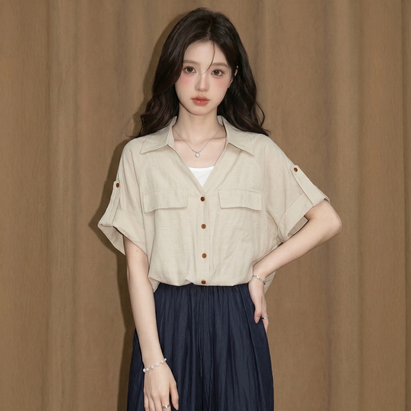 Polo领棉麻短袖上衣女士夏季新款法式白领娃娃衫独特漂亮绝美衬衫