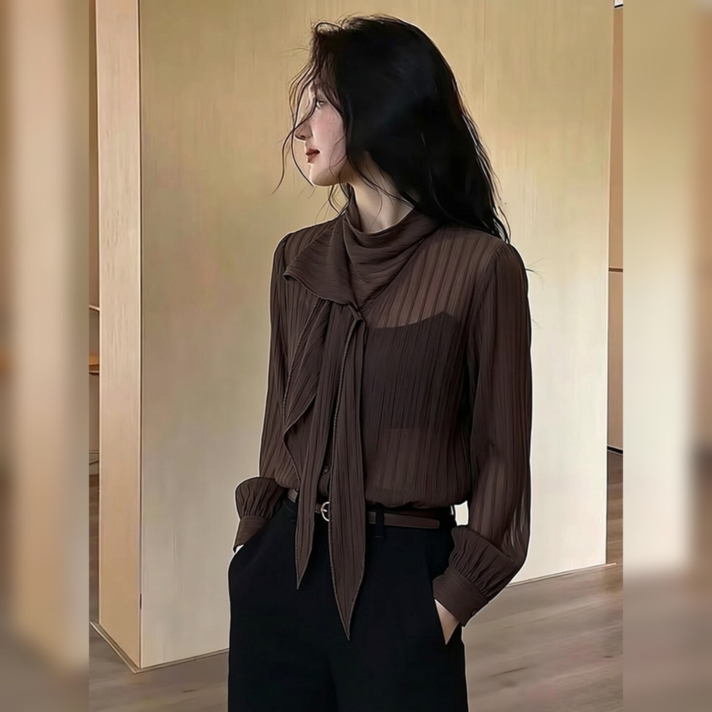 法式纯欲咖色半高领飘带透感衬衫女春季新款长袖性感时髦洋气上衣