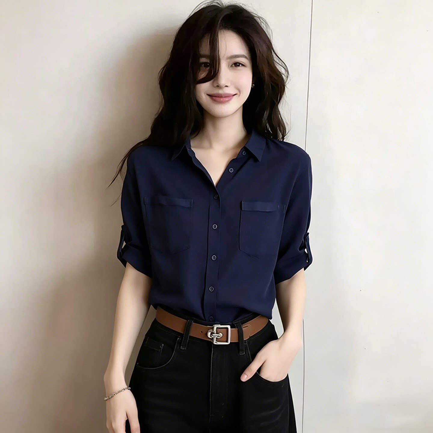 藏青色polo领短袖衬衫女夏季新款胖mm气质显瘦设计感小众短款上衣