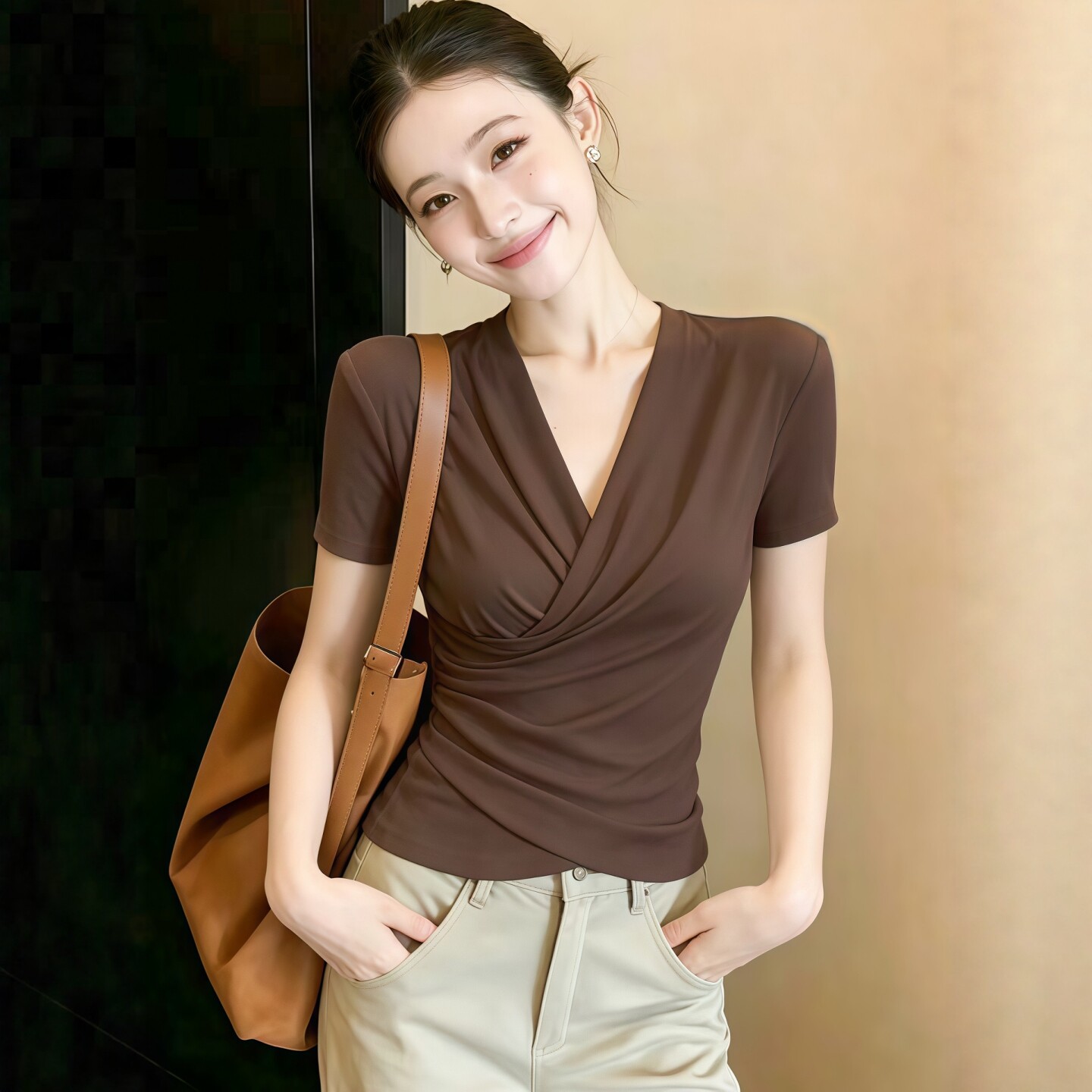 夏季穿搭V领正肩短袖t恤女2026新款设计感收腰显瘦高端白领小上衣
