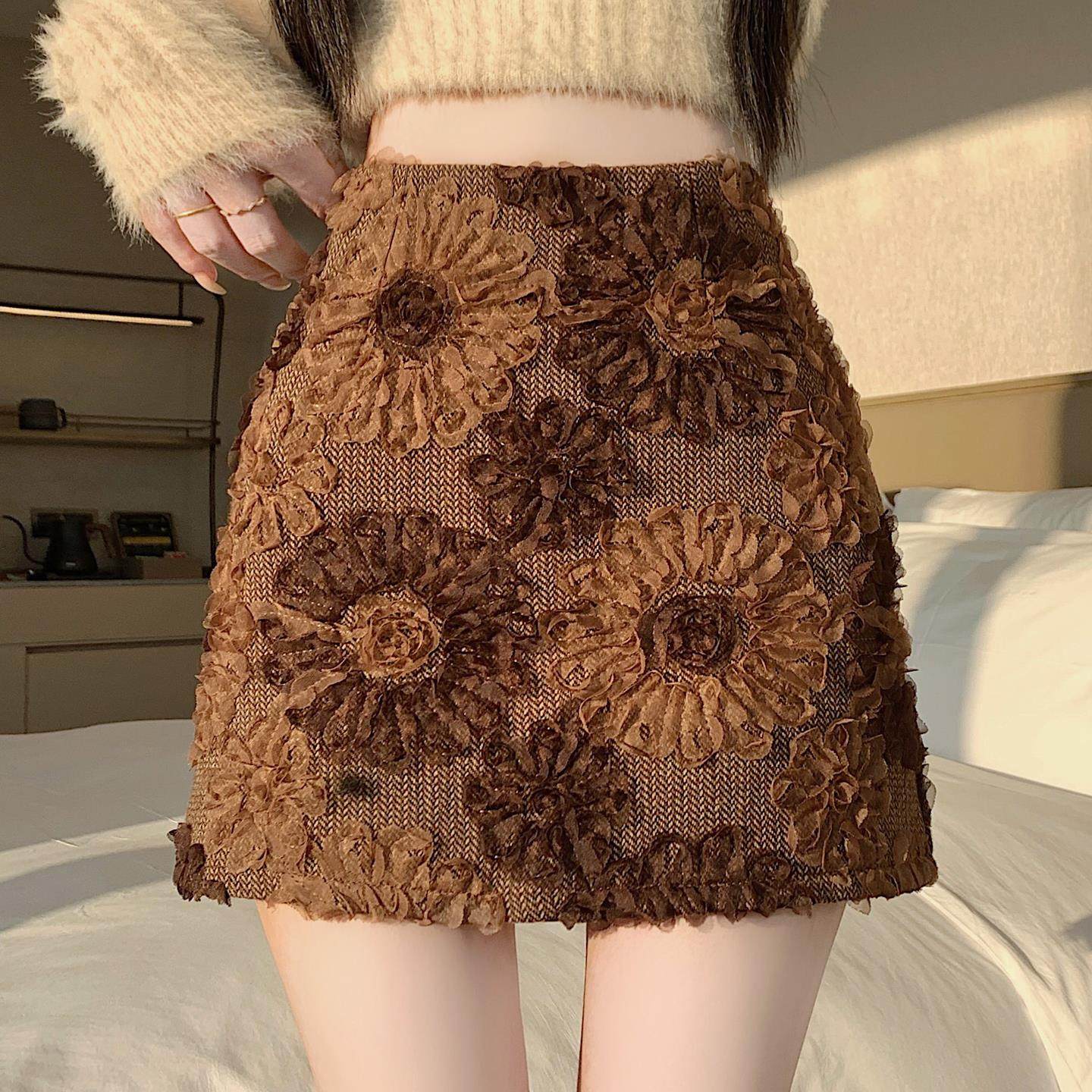 复古咖色毛呢提花半身裙女秋冬小个子高腰显瘦防走光a字包臀短裙,女装/女士精品,短裤,淘宝优惠券,粉丝福利购,淘宝优惠卷