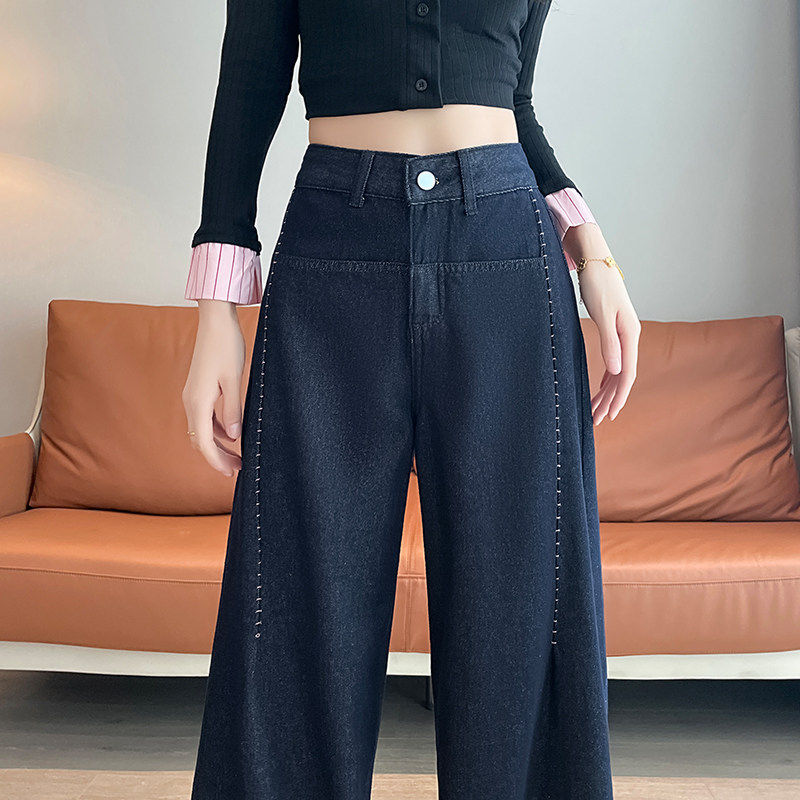 深蓝色阔腿牛仔裤女2026秋冬加绒加厚新款褶皱明线设计感丹宁裤子