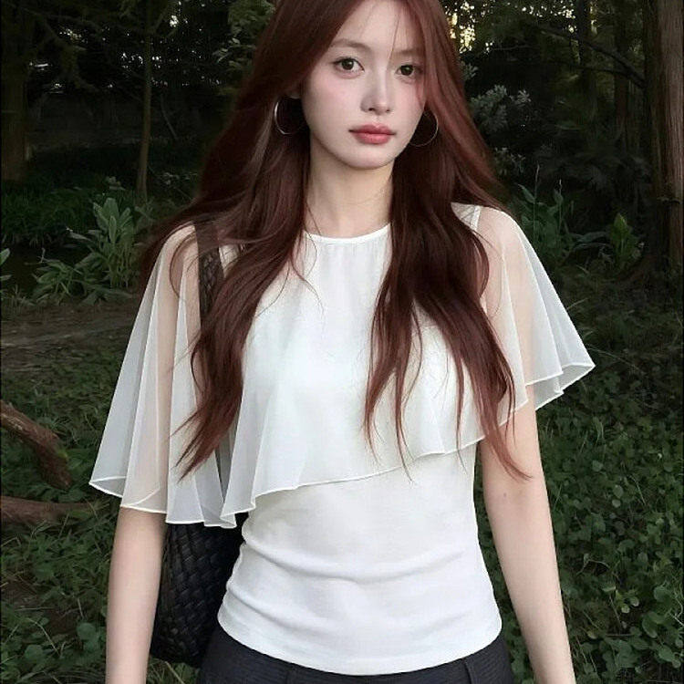 法式气质假两件披肩T恤女夏新款设计感修身显瘦百搭薄款斗篷上衣