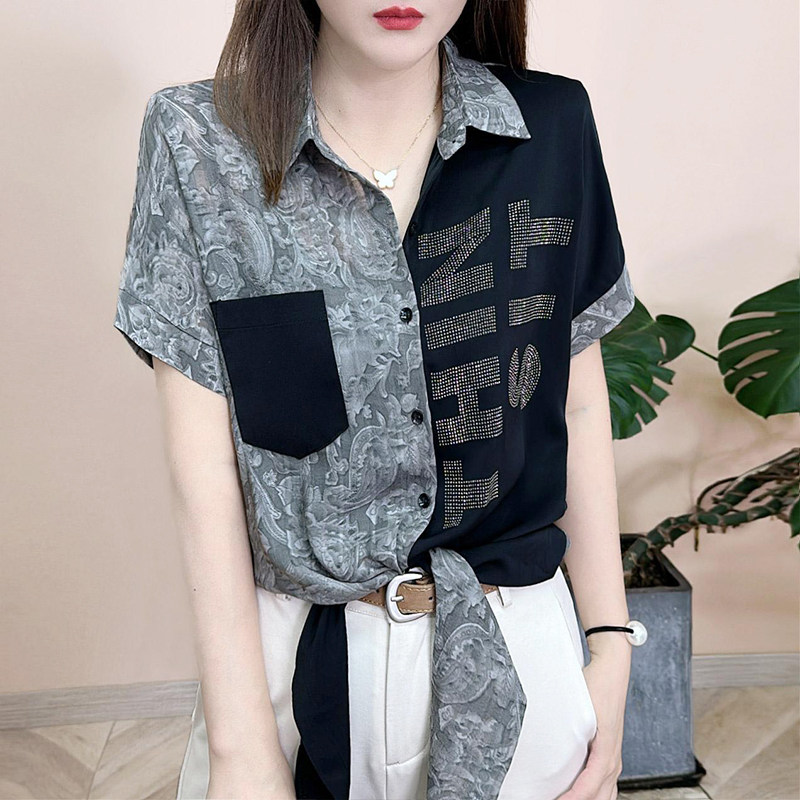洋派翻领拼接印花系带短袖衬衫女2026夏季新款妈妈装休闲显瘦上衣