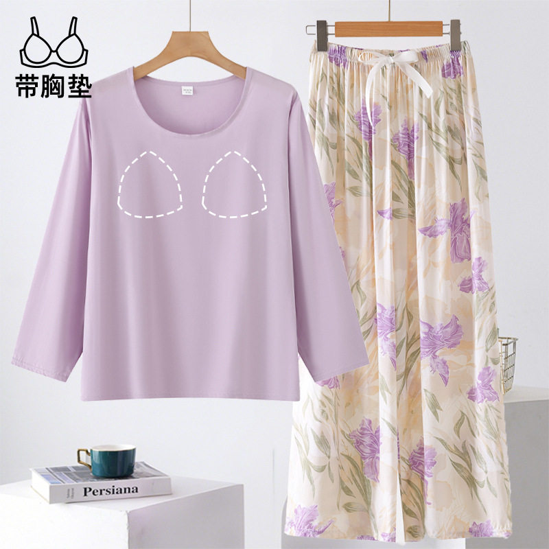 长袖长裤棉绸睡衣中年女