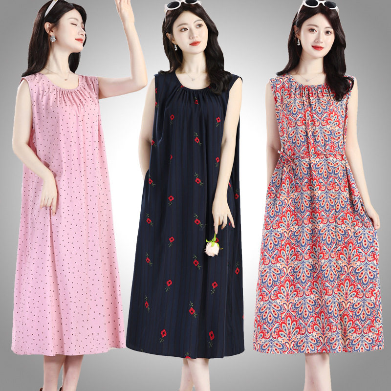 妈妈装棉绸连衣裙夏季时