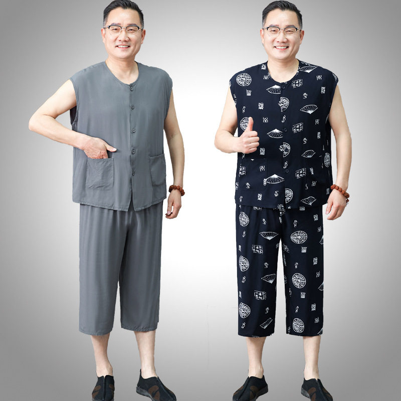 中老年棉绸背心七分裤套