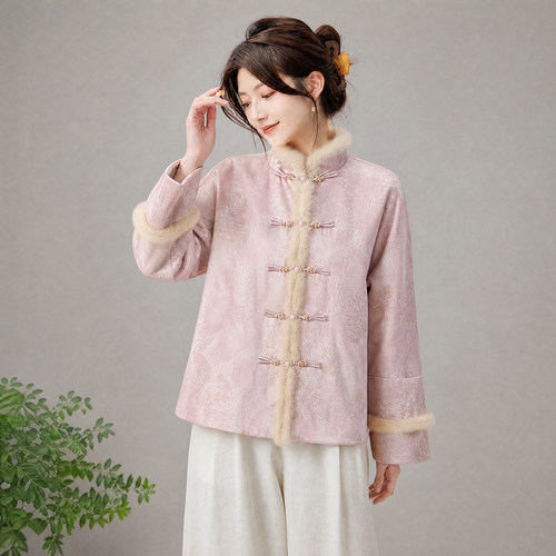 新中式立领蚕丝水貂毛保暖棉服
