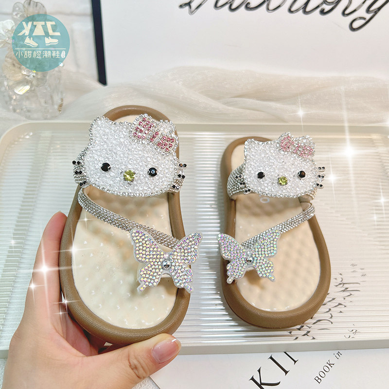 超火水钻一字拖新款高级感外穿软底配裙子女童幼儿童拖鞋平底防滑