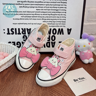 蝴蝶结猫咪帆布鞋幼儿园入园鞋女款女童软底不累脚高帮布鞋休闲风