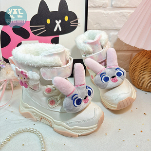 可爱卡通巨好看女童中大童高帮加绒雪地靴冬季幼儿童防水保暖棉鞋