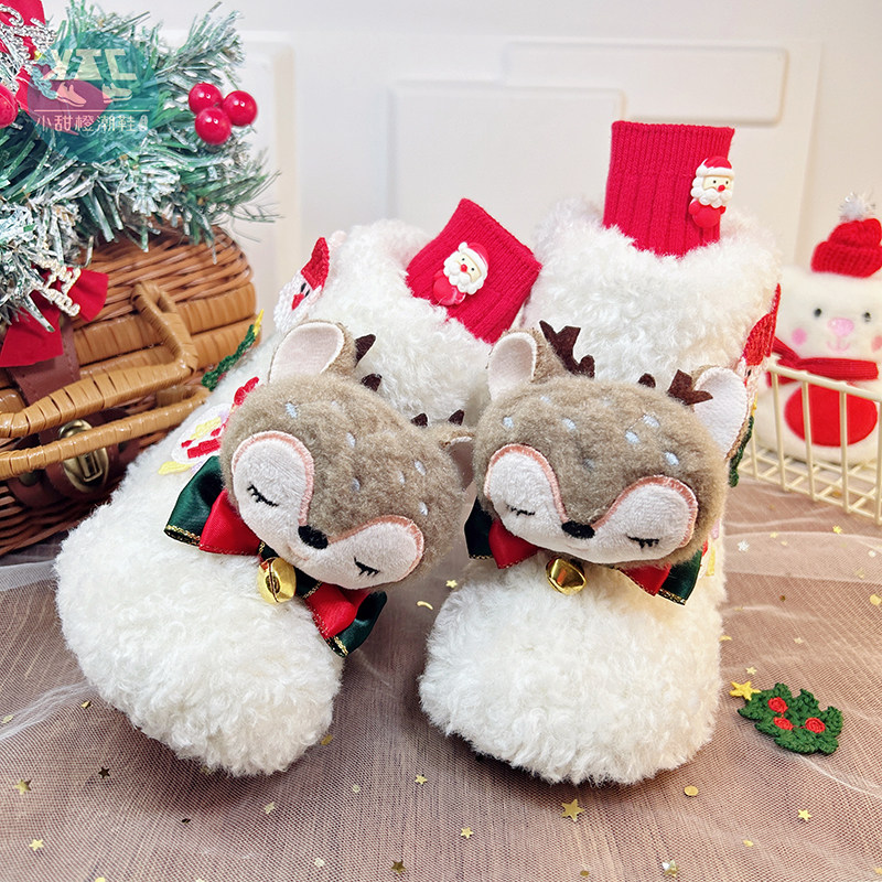 女童圣诞白色毛毛靴子中筒毛绒女款宝宝女宝儿童冬季2025新款爆款