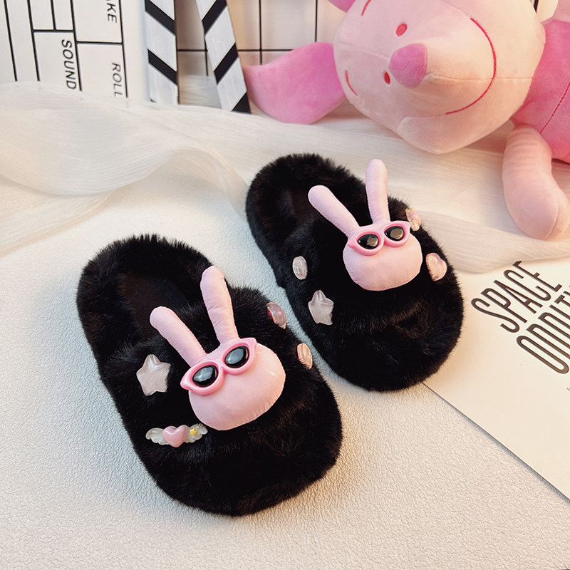 黑色棉拖鞋外穿女童可爱毛毛拖鞋幼儿童秋冬秋季冬季冬天室内防滑