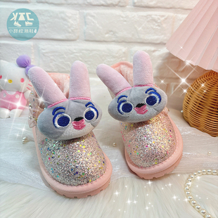 公主风可爱兔子女童加绒加厚雪地靴女宝保暖防滑棉靴2025新款冬季