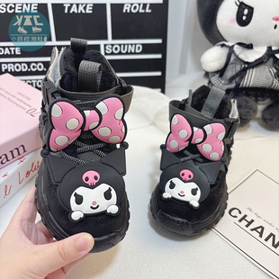 女童黑色二棉鞋厚底女款新款2025秋冬加绒运动鞋儿童薄绒冬季鞋子