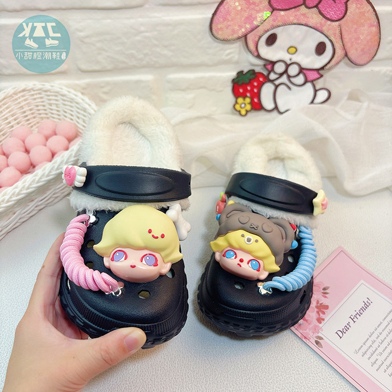 儿童可拆卸加绒拖鞋洞洞鞋冬款秋冬厚底保暖防滑女童小公主棉拖鞋