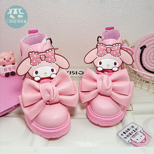 粉色蝴蝶结女童马丁靴秋季早秋单里二棉加绒儿童低帮靴子秋冬短靴