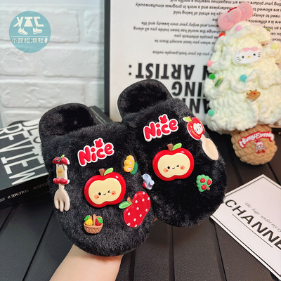 儿童软底轻便时尚百搭黑色棉拖鞋