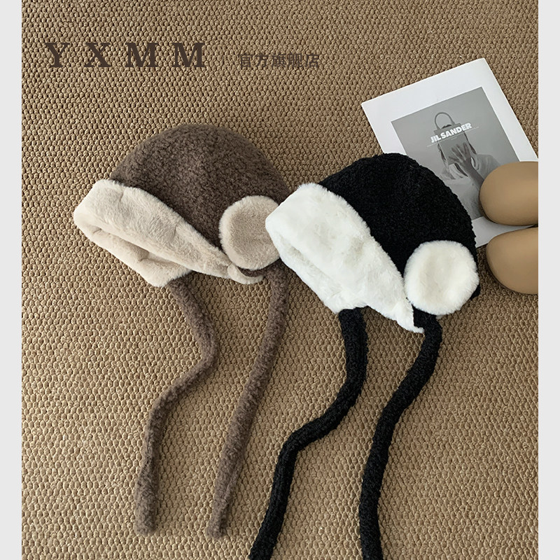 日系翻边加绒加厚护耳帽女秋冬羊羔毛绑带渔夫帽保暖防寒飞行帽