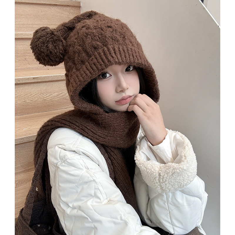 秋冬保暖羊毛针织拉法帽女可爱毛球麻花帽子围巾连帽防寒毛线帽