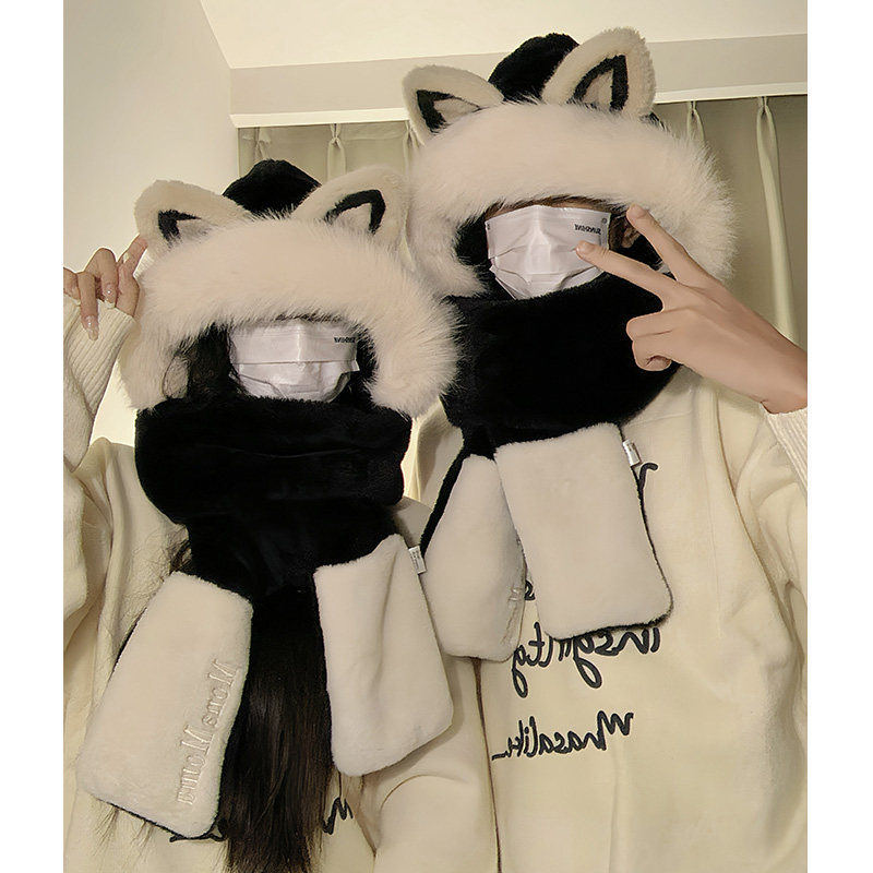 男女毛绒帽子围巾手套一体冬季保暖护耳防风骑车帽加厚情侣雷锋帽