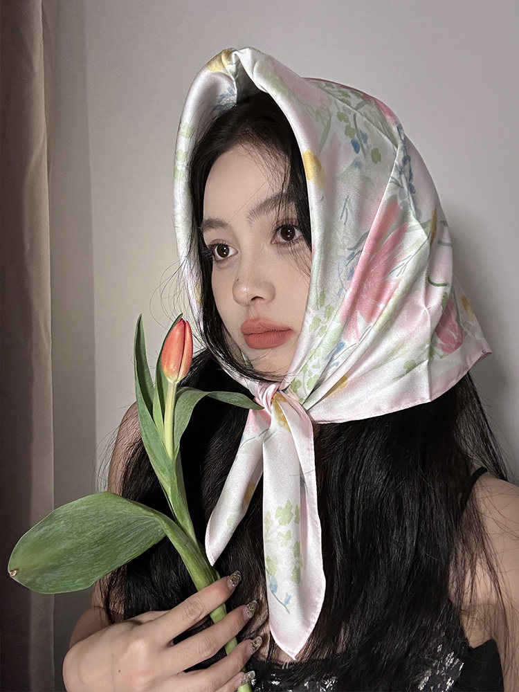 温柔韩系百搭海边度假拍照丝巾女春夏氛围感仿真丝包头巾防晒抹胸