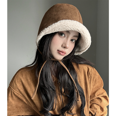 韩系出游系带防风麂皮绒渔夫帽女