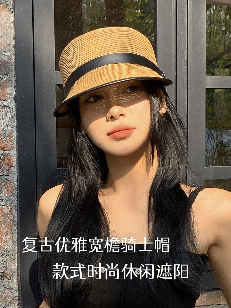 帽子女夏季复古宽檐马术帽显脸小草编透气鸭舌骑士帽度假遮阳草帽