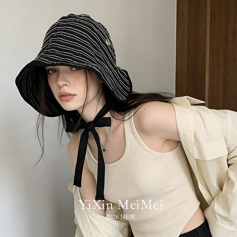 马思纯同款条纹大檐防晒帽女夏季遮阳渔夫帽防紫外线复古波奈特帽